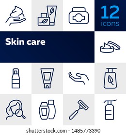 Skincare icon. Set of line icons on white background. Hand cream, body lotion, shaving razor. Beauty products concept. Vector illustration can be used for topics like beauty, cosmetics, bodycare