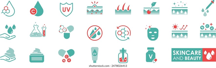 Skincare Icon Set. Solid icon set—Dermatology Medical Skin Care, Skin Examination, Lifting, Bath, Face Mask, etc.