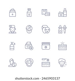 Skincare icon set. Thin line icon. Editable stroke. Containing acne, cream, essentialoil, facemask, facialtreatment, lotion, serum, skincare.