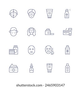 Skincare icon set. Thin line icon. Editable stroke. Containing acne, chemicalpeel, cream, eyetreatment, facemask, facialmask, gel, mask, moisturizer.