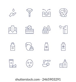 Skincare icon set. Thin line icon. Editable stroke. Containing allergy, coconutoil, cream, dryskin, facecream, faceroller, pores, skincare, suncream.