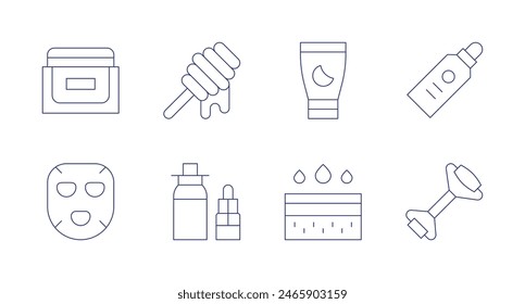 Skincare icons. Editable stroke. Containing facecream, facialmask, facialroller, honey, nightcream, skinhydratation, sunscreen, oil.
