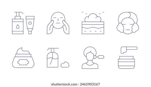 Skincare icons. Editable stroke. Containing cream, lotion, massage, skincleaning, spa, washing, waxing.