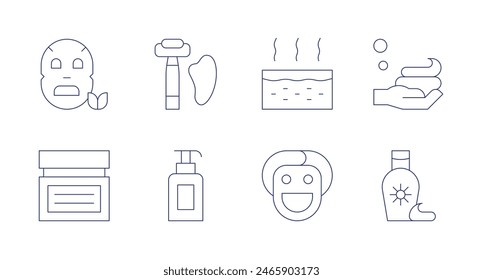 Skincare icons. Editable stroke. Containing cream, facemask, facialmask, guashamassager, lotion, radiation, soap, suncream.