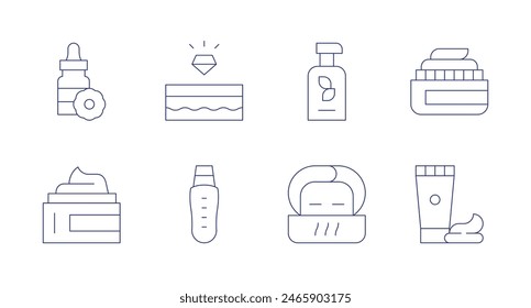 Skincare icons. Editable stroke. Containing cream, essentialoil, facialcleansing, lotion, shining, steam.