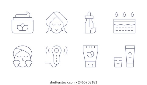 Iconos de cuidado de la piel. Trazo editable. Conteniendo crema, espuma facial, tratamiento facial, hidratación, loción, masajeador, aceite, crema solar.