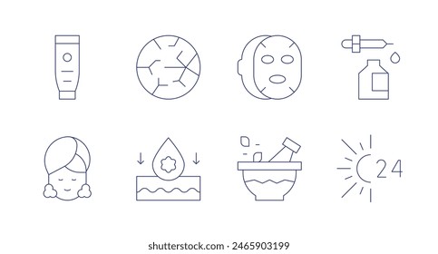 Skincare icons. Editable stroke. Containing cleansing, cream, dryskin, facialmask, mortar, skincare, sunprotection, tonic.