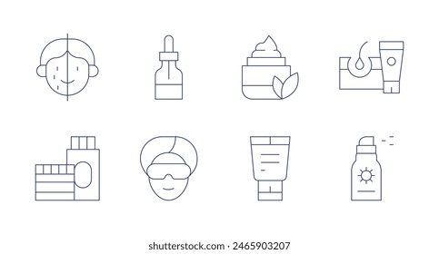 Skincare icons. Editable stroke. Containing chemicalpeel, cream, dropper, eyetreatment, lotion, skintreatment, sunprotection.