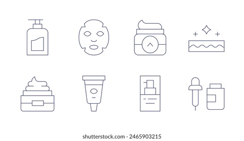 Skincare icons. Editable stroke. Containing body, cream, eyecream, facemask, foundation, lotion, serum, skincare.