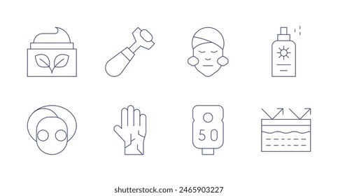 Skincare icons. Editable stroke. Containing bbcream, dryskin, eyetreatment, faceroller, protective, skincare, sunscreen, uvprotection.