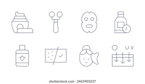 Skincare icons. Editable stroke. Containing aftershave, cream, face, guasha, mask, skincare, sunblock, tanning.