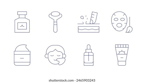 Skincare icons. Editable stroke. Containing aftershave, cream, faceroller, guasha, mask, pores, serum, sunblock.