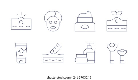 Skincare icons. Editable stroke. Containing acne, cream, deadskin, facialmask, liquidsoap, moisturizer, pimple, skinroller.