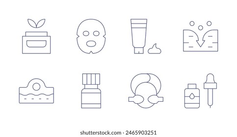 Skincare icons. Editable stroke. Containing acne, cosmetics, essentialoil, facemask, facialtreatment, moisturizer, oxygen, serum.