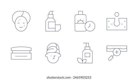 Skincare icons. Editable stroke. Containing acne, checkup, cream, facemask, frequency, lotion, pore, serum.