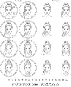Skincare icons.  Set of 8 variants of icons in 2 styles, framed with white background and girl face black lineart only. 9 mini-sign icons in addition to main set 