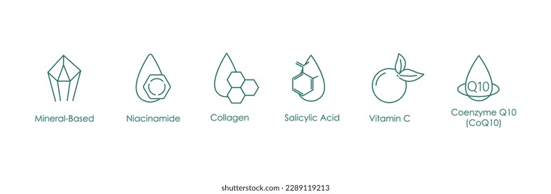 Skincare Icons Set Niacinamide", "Collagen", "Salicylic", "Vitamin C", and "Coenzyme Q10  - A Complete Collection of Powerful and Modern Vector Illustrations for Health and Beauty Designs