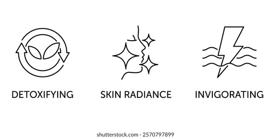 Skincare icons set, properties of face mask, gel or cream - Detoxifying, Skin radiance, Invigorarting. Pictograms for labeling in thin line