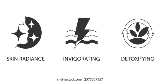 Skincare icons set, properties of face mask, gel or cream - Detoxifying, Skin radiance, Invigorarting. Pictograms for labeling in monochrome style