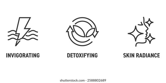 Skincare icons set, properties of face mask, gel or cream - Detoxifying, Skin radiance, Invigorarting. Pictograms for labeling in thin line