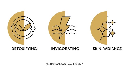Conjunto de ícones de cuidados com a pele, propriedades da máscara facial, gel ou creme - Desintoxicante, Radiância da pele, Revigoração. Pictogramas para rotulagem em linha fina e em forma semicircular