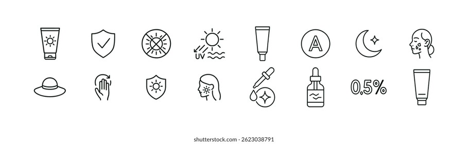 Skincare icons: sunscreen, moisturizer, serum, night care. Vector icons