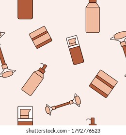 Skincare illustration. Seamless vector pattern in pastel colours. Beauty background with cosmetics. Сream, serum, face roller, washing foam etc.