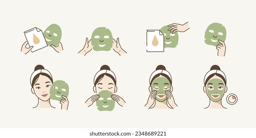 Skincare illustrations set. Collection of girl take care of her face and apply facial sheet mask. Woman making skincare procedures. Skin care routine, hygiene and moisturizing. Vector illustration