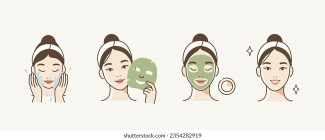 Skincare illustrations set. Collection of girl washing her face and applying facial sheet mask. Vector illustration