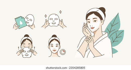 Skincare illustrations set. Collection of girl applying sheet mask on her face. Skin care routine, hygiene and moisturizing. Vector illustration