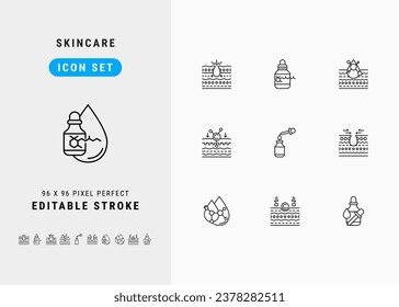 Skincare Includes Retinol, Hyaluronic Acid, Collagen, Serum and Pore Tighten. Line Icons Set. Editable Stroke Vector Stock. 96 x 96 Pixel Perfect.