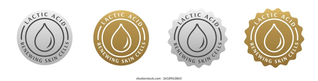 skincare ingredient formula lactic acid to renewing skin cells, badge, seal, stamp, logo, sticker, certificate. body care, cosmetic, make up, serum. silver and gold rounded circle.