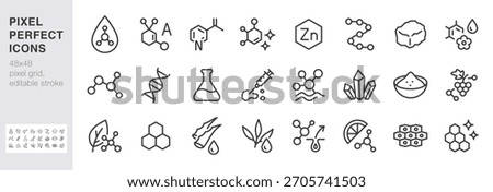 Skincare ingredient line icon set. Molecule, vitamin, serum, collagen, crystal minimal vector illustrations. Simple outline signs for cosmetic and dermatology. 48x48 Pixel Perfect. Editable Stroke