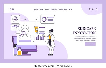 Skincare innovation concept. Digital platform showcasing latest trends in dermal health. Interactive research, product analysis, and customer engagement. Vector illustration.