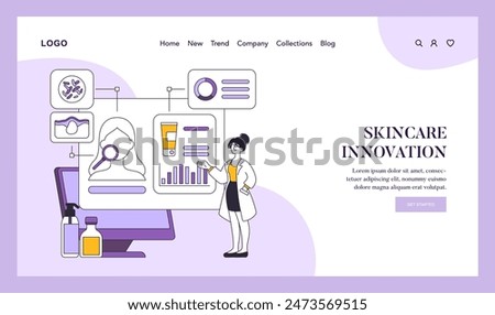 Skincare innovation concept. Digital platform showcasing latest trends in dermal health. Interactive research, product analysis, and customer engagement. Vector illustration.