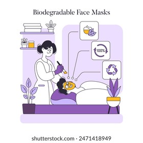 Skincare innovation concept. A relaxing spa treatment using biodegradable face masks, promoting sustainable beauty practices. Eco-friendly skincare routine. Vector illustration.