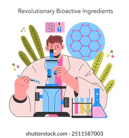 Conceito de inovação de cuidados com a pele. Pesquisador analisando compostos através de um microscópio para soluções avançadas de beleza. Descoberta de ingredientes bioativos. Ilustração vetorial.