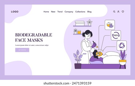 Concepto de innovación en cuidado de la piel. Una mujer aplica una máscara facial biodegradable en un salón de belleza ecológico. Tratamiento sostenible del cuidado de la piel. Ilustración vectorial.