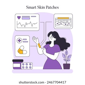 Concepto de innovación en cuidado de la piel. Mujer usando un parche de piel inteligente conectado a la monitorización de salud móvil. Tecnología usable para seguimiento de bienestar. Ilustración vectorial.