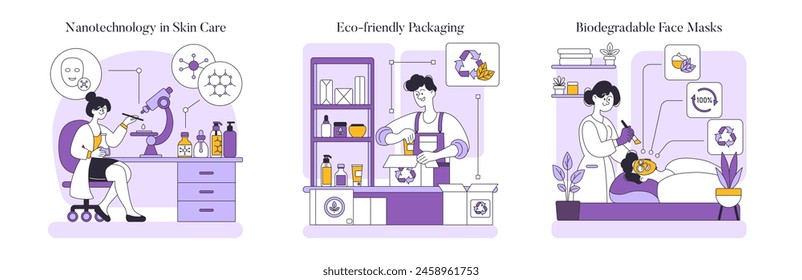 Skincare innovation set. Advances in nanotechnology, eco-friendly packaging, and biodegradable face masks. Sustainable beauty solutions. Vector illustration.