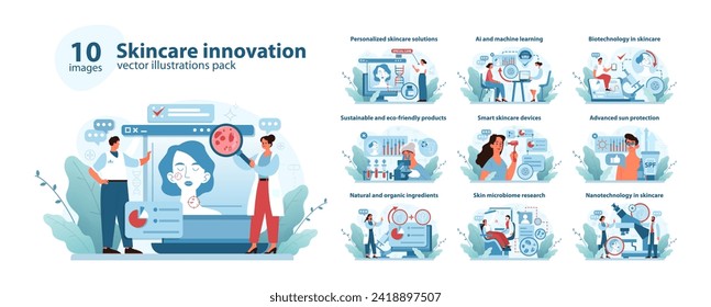 Juego de innovación en el cuidado de la piel. La tecnología de vanguardia se encuentra con la dermatología. Tratamientos personalizados, diagnósticos de IA, productos orgánicos. Revolucionar las rutinas de la belleza. Ilustración vectorial.