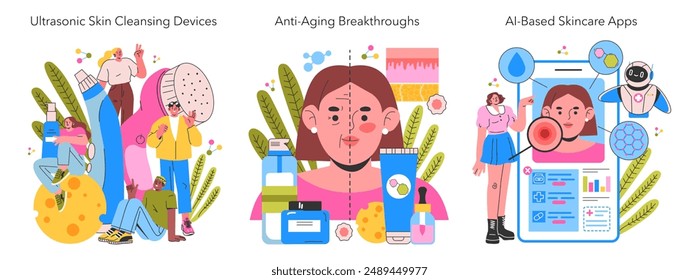 Skincare Innovation set. Ultrasonic devices, anti-aging products, AI-driven apps for skin health. Exploring modern beauty technology solutions. Vector illustration.