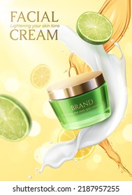 Skincare lemon cream ad. 3D Illustration of green cosmetic glass jar with splashes of creamy and lime liquid. Green and yellow lemon slices falling on bokeh background