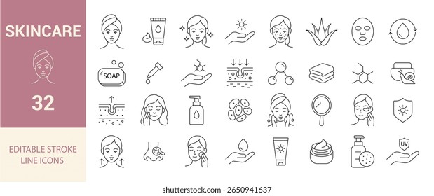 Skincare Line Editable Icons Set. Soap, Serum, Moisturizer, Facial Mask, Sun Protection, Acne Treatment, Skincare Routine, and More. Vector Illustration.	
