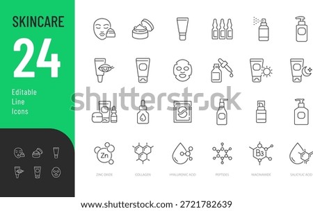 Skincare Line Editable Icons set. Vector illustration in modern thin style of beauty related icons: face and body care cosmetics products, active ingredients, and more. Isolated on transparent background.