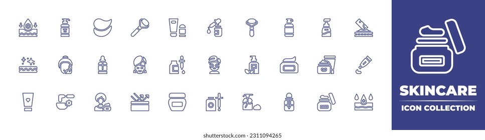 Skincare line icon collection. Editable stroke. Vector illustration. Containing skin care, eye mask, face roller, cream, beauty, lotion, skincare, serum, cleansing, face mask, cosmetics, mud.
