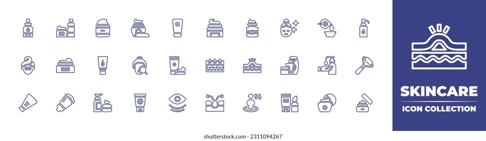 Skincare line icon collection. Editable stroke. Vector illustration. Containing skin care, cream, skincare, face, cosmetics, body lotion, shower gel, skin, blackhead, acne, lotion, face roller.