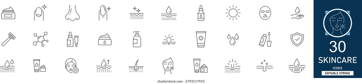 Skincare line icon set with 30 icons: beauty, facial treatment, serum, organic cream, cleansing, hydration, dermatology. Clean linear vector, editable stroke for wellness.