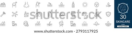 Skincare line icon set with 30 icons: beauty, facial treatment, serum, organic cream, cleansing, hydration, dermatology. Clean linear vector, editable stroke for wellness.