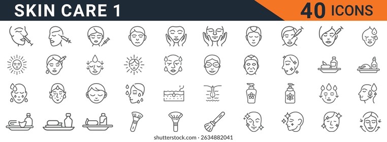 Skincare line icons. Beauty, dermatology, facial treatment, anti-aging, cosmetic, and spa outline symbols. Editable stroke vector set.